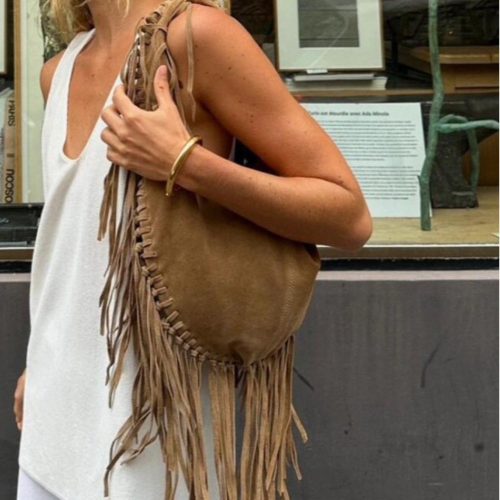 جديد طويل شرابة المرأة حقائب ك - مراجعة Half Moon Bag Suede وسعره